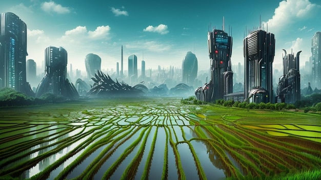 Champ de riz dans une ville futuriste