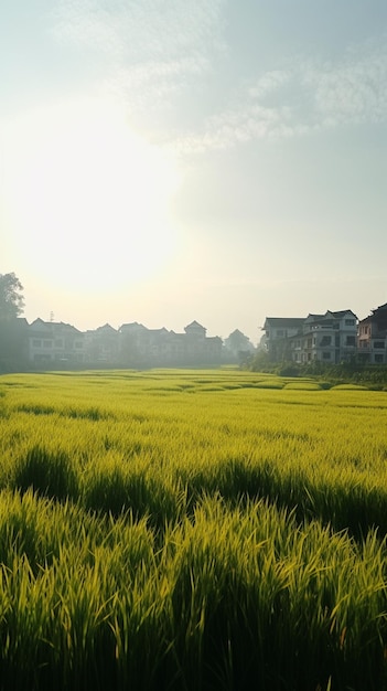 Un champ de riz est entouré d'une rangée de maisons.