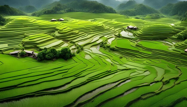 Photo un champ de riz avec des montagnes en arrière-plan