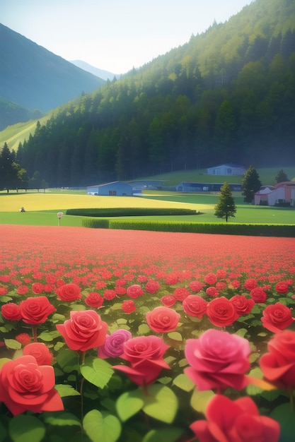 Un champ de roses devant une montagne