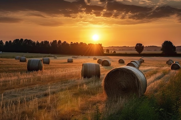 Champ avec des rouleaux de foin au coucher du soleil Generative AI