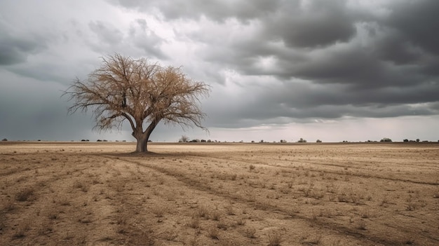 un champ sec et un arbre dedans par temps nuageux et sec