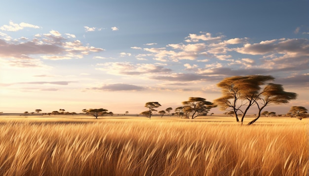 Un champ serein d'herbe haute avec des arbres majestueux en arrière-plan