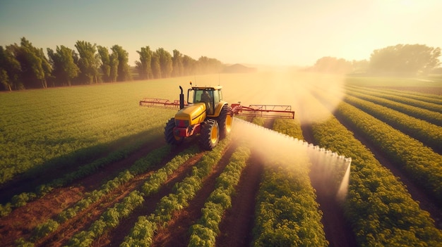 Un champ de soja de la génération de printemps pulvérisé avec des pesticides par tracteur