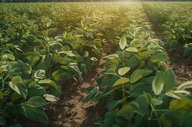 Un champ de soja avec le soleil qui brille à l'horizon