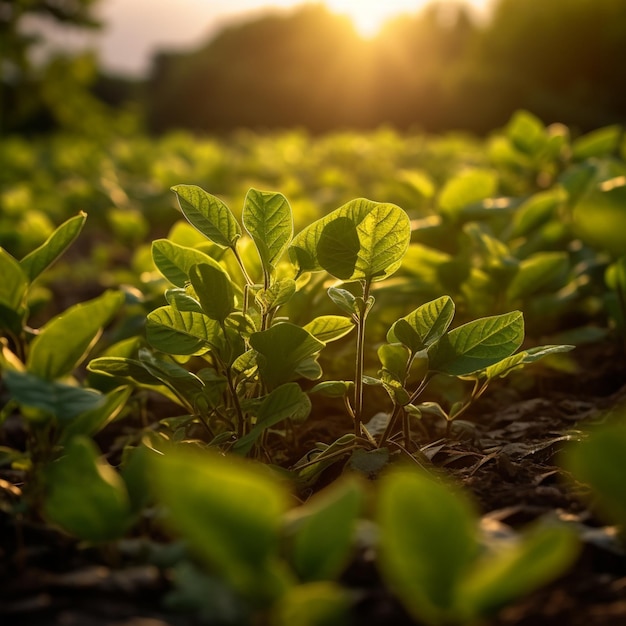 Un champ de soja avec le soleil qui brille à travers les feuilles