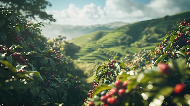 un champ de thé vert avec une vue sur la montagne en arrière-plan