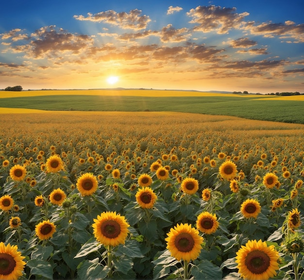 Photo champ de tournesol au coucher du soleil beau paysage d'été avec des tournesols