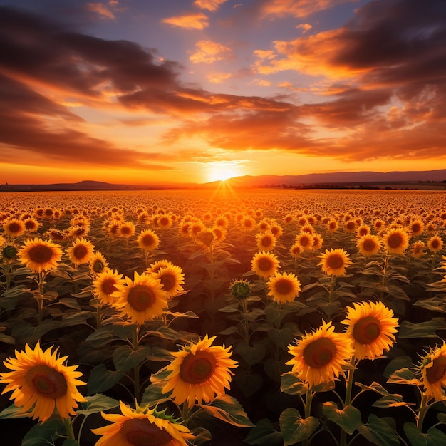 champ de tournesol au coucher du soleil