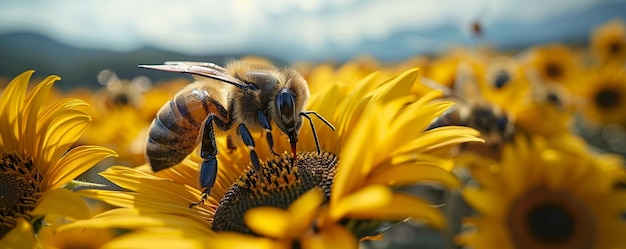 Photo un champ de tournesols avec des abeilles qui recueillent du nectar pour le papier peint