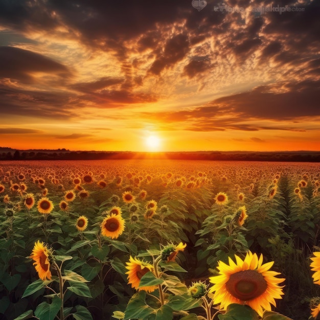 Un champ de tournesols au coucher du soleil avec un coucher de soleil en arrière-plan.