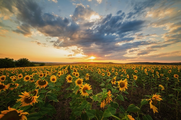 Champ de tournesols au coucher du soleil en été