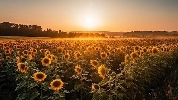 Un champ de tournesols au coucher du soleil avec le soleil couchant derrière lui.