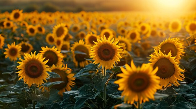 Le champ de tournesols au coucher du soleil