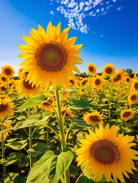 Un champ de tournesols avec un ciel bleu en arrière-plan.