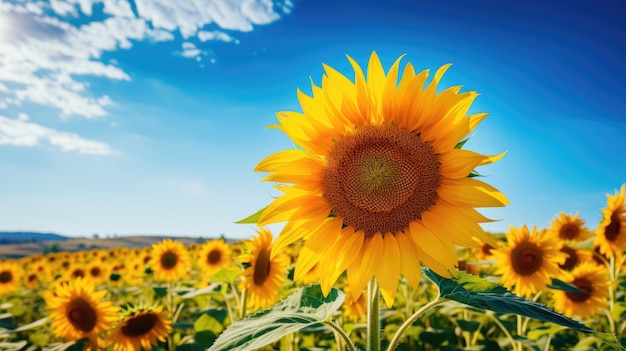 Champ de tournesols et ciel bleu avec nuages blancs Magnifique champ agricole avec fleurs jaunes Paysage rural dans le sud de l'Ukraine