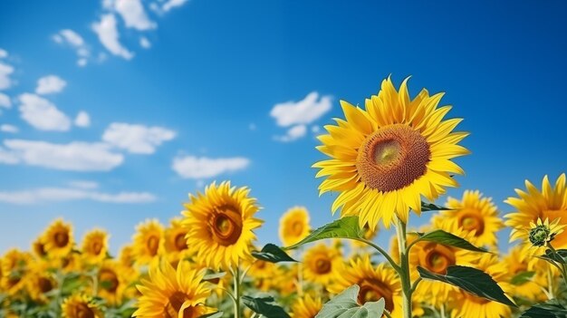 Un champ de tournesols avec un ciel bleu nuageux