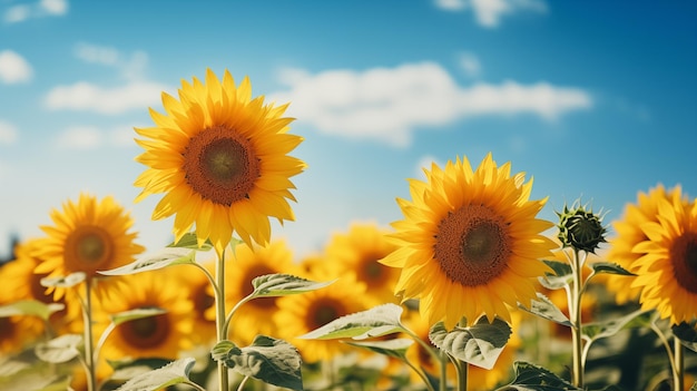 Un champ de tournesols avec un ciel bleu nuageux