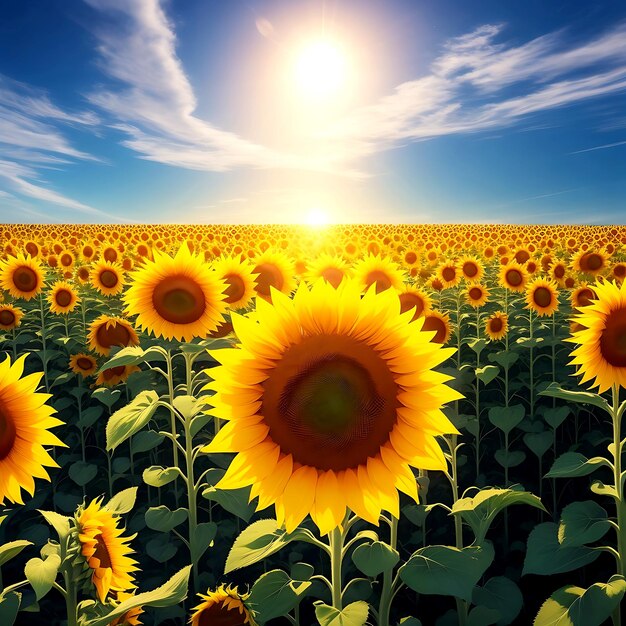 champ de tournesols et ciel nuageux l'après-midi