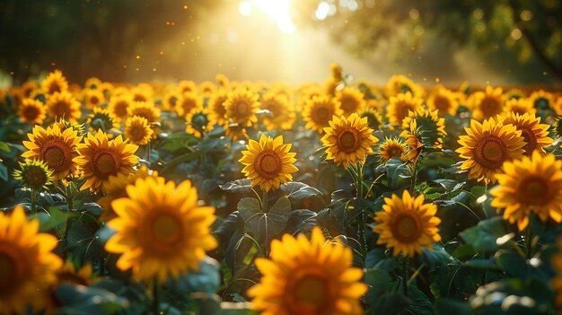 Un champ de tournesols face au soleil