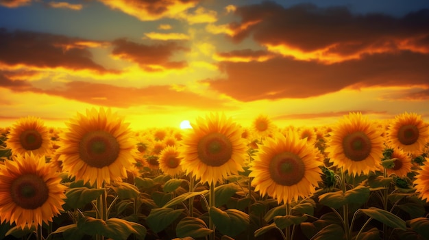 Photo champ de tournesols en fleurs sur un coucher de soleil en arrière-plan