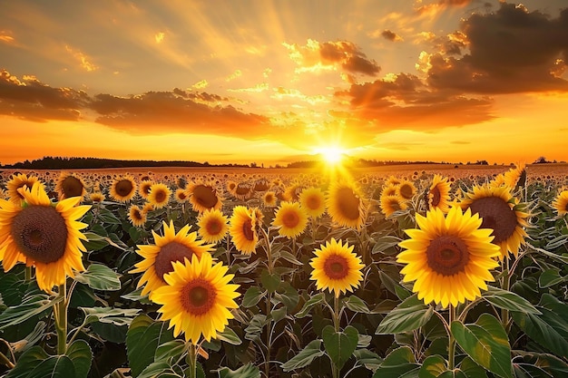 Un champ de tournesols jaunes au coucher du soleil