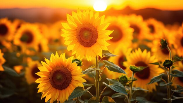 un champ de tournesols avec leurs pétales jaune vif face au soleil représentant la chaleur