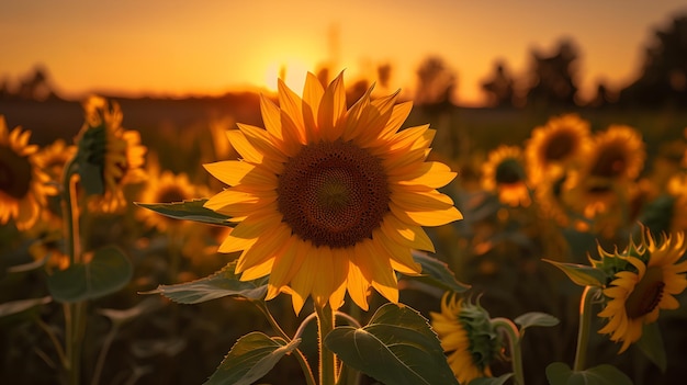 Un champ de tournesols avec le soleil couchant derrière lui