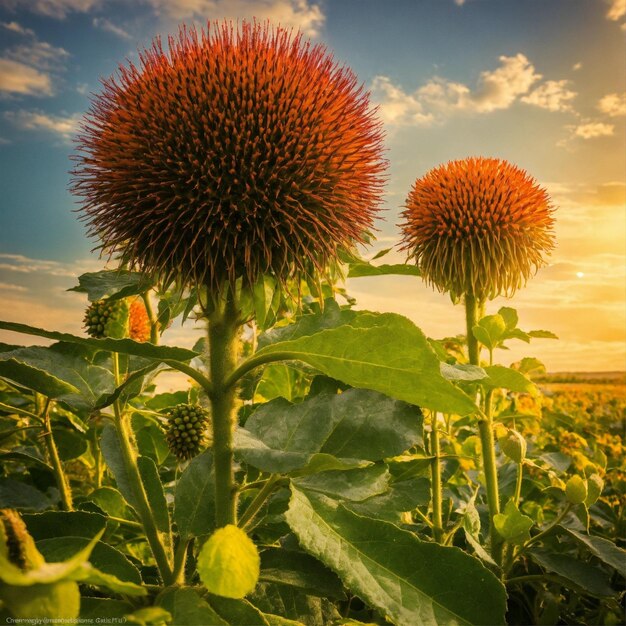 un champ de tournesols avec le soleil derrière eux