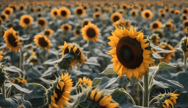 un champ de tournesols avec le soleil qui brille sur eux