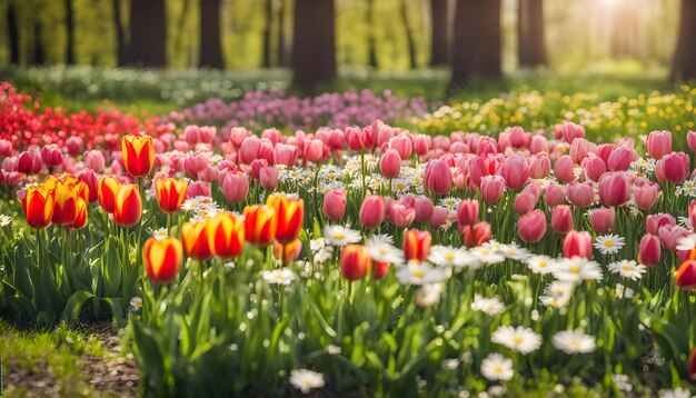 un champ de tulipes avec un arbre en arrière-plan