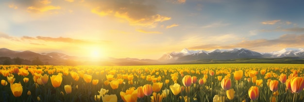 Un champ de tulipes au coucher du soleil