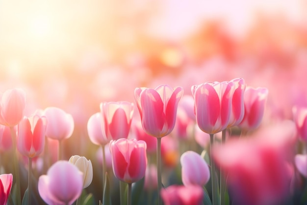 Un champ de tulipes au coucher du soleil