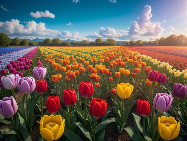 Un champ de tulipes avec un ciel bleu en arrière-plan