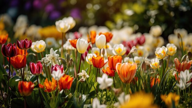 Un champ de tulipes colorées au printemps