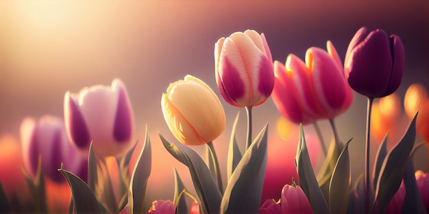 Champ de tulipes colorées champ rouge panorama printanier généré par l'IA