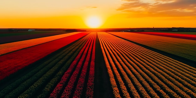 Un champ de tulipes avec le coucher du soleil derrière lui