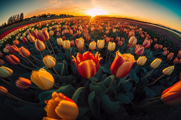 Photo un champ de tulipes avec le coucher du soleil derrière lui