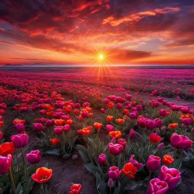 Un champ de tulipes avec le coucher du soleil derrière lui