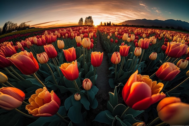 Photo un champ de tulipes avec un coucher de soleil derrière