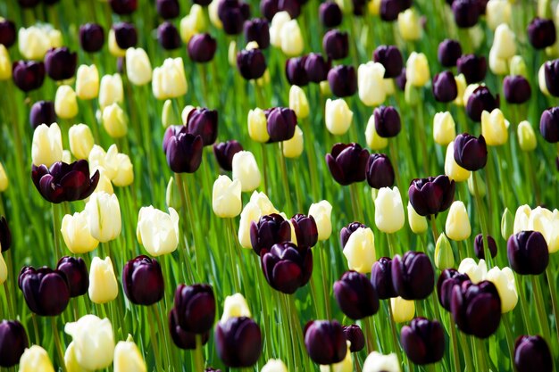 Champ de tulipes de couleur noir et blanc dans le parc de Keukenhof, Pays-Bas