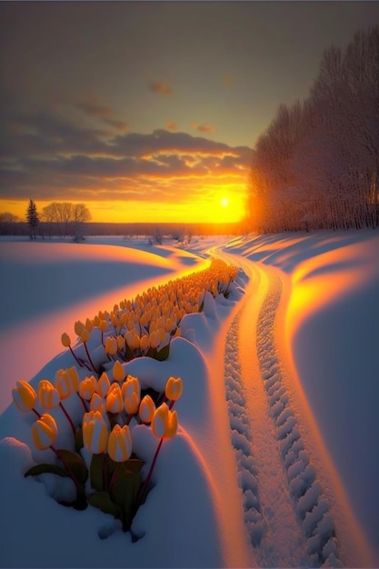 Champ de tulipes dans la neige au coucher du soleil générative ai