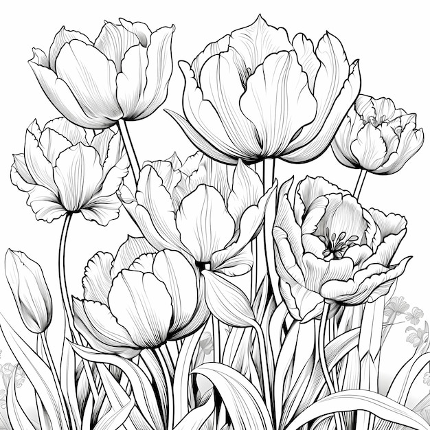 champ de tulipes avec des fleurs à colorier page de livre beau fond floral