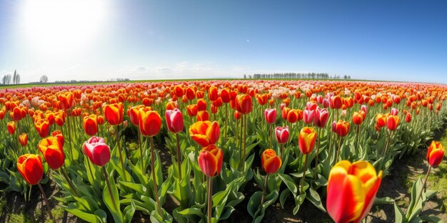 Un champ de tulipes en fleurs une journée ensoleillée