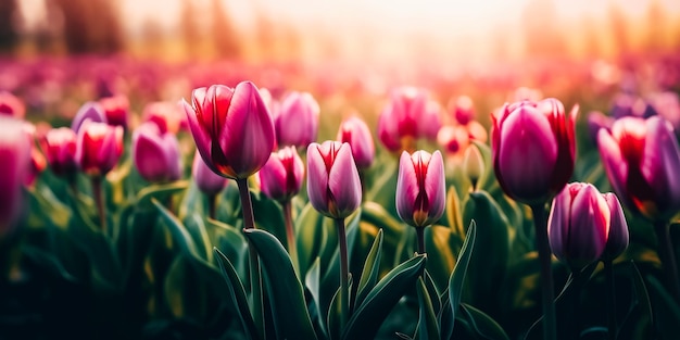 Un champ de tulipes avec un fond de coucher de soleil