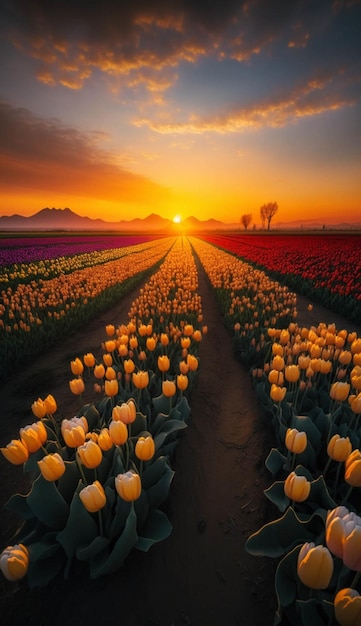 Champ de tulipes jaunes avec un coucher de soleil en arrière-plan ai générative