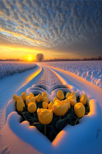 Champ de tulipes jaunes couvertes de neige générative ai