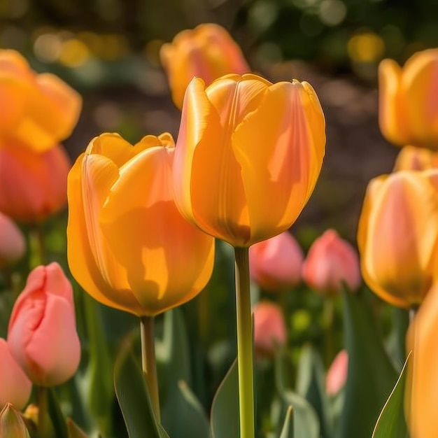 Un champ de tulipes jaunes avec une qui dit "tulipes" dessus