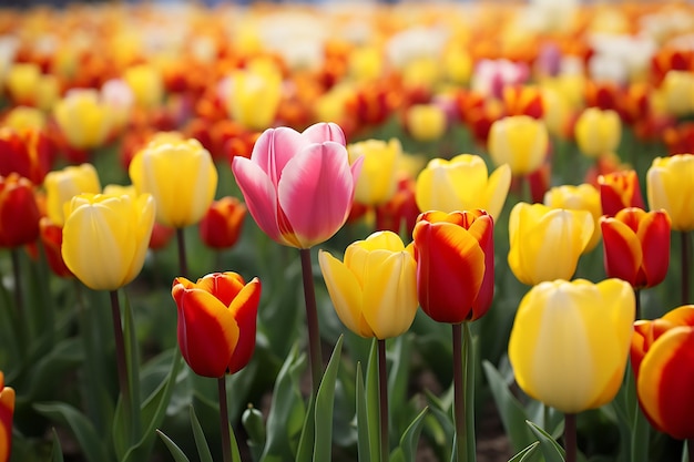 Un champ de tulipes jaunes et rouges