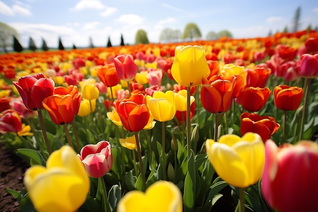 Un champ de tulipes jaunes et rouges
